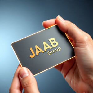 Close-up of a sleek custom metal NFC business card with engraved logo
